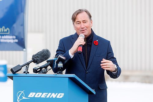 MIKE DEAL / WINNIPEG FREE PRESS
Pierre Ruel, Director of Strategy and Policy for Boeing Canada, during the ground breaking ceremony at the Boeing Winnipeg plant at 99 Murray Park Road Wednesday morning.
Boeing Winnipeg broke ground Wednesday morning on a $20 million, 12,000 square-foot expansion of its Winnipeg manufacturing plant to more efficiently meet the growing demand for composite airplane parts.
The expansion includes a 7,250 square-foot freezer for storing composite manufacturing materials, nearly doubling the site&#x2019;s freezer capacity and reducing manufacturing downtime due to built-in 100% operational redundancy. The freezer will lower annual energy usage by more than 20% and utilizes a modern CO2-based refrigeration system that produces less emissions. 
See Martin Cash story
231101 - Wednesday, November 01, 2023.