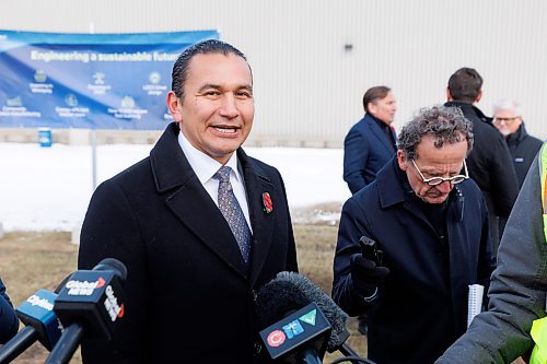 MIKE DEAL / WINNIPEG FREE PRESS
Premier Wab Kinew during the ground breaking ceremony at the Boeing Winnipeg plant at 99 Murray Park Road Wednesday morning.
Boeing Winnipeg broke ground Wednesday morning on a $20 million, 12,000 square-foot expansion of its Winnipeg manufacturing plant to more efficiently meet the growing demand for composite airplane parts.
The expansion includes a 7,250 square-foot freezer for storing composite manufacturing materials, nearly doubling the site’s freezer capacity and reducing manufacturing downtime due to built-in 100% operational redundancy. The freezer will lower annual energy usage by more than 20% and utilizes a modern CO2-based refrigeration system that produces less emissions. 
See Martin Cash story
231101 - Wednesday, November 01, 2023.
