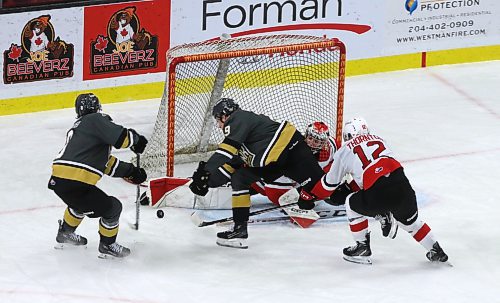 Prince George Cougars goaltender Ty Young (33) makes a pad save on Brandon Wheat Kings forward Nate Danielson (29) as defenceman Quinn Mantei (8) and Prince George forward Hudson Thornton (12) look on during Western Hockey League action at Westoba Place on Wednesday evening. (Perry Bergson/The Brandon Sun)
Nov. 1, 2023
