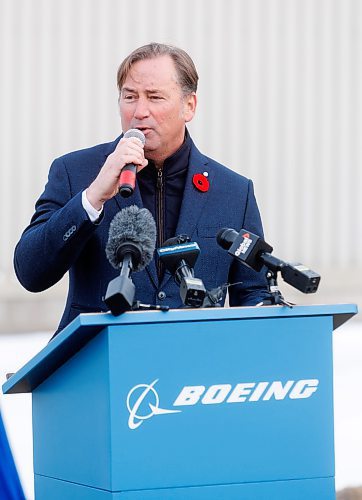 MIKE DEAL / WINNIPEG FREE PRESS
Pierre Ruel, Director of Strategy and Policy for Boeing Canada, during the ground breaking ceremony at the Boeing Winnipeg plant at 99 Murray Park Road Wednesday morning.
Boeing Winnipeg broke ground Wednesday morning on a $20 million, 12,000 square-foot expansion of its Winnipeg manufacturing plant to more efficiently meet the growing demand for composite airplane parts.
The expansion includes a 7,250 square-foot freezer for storing composite manufacturing materials, nearly doubling the site&#x2019;s freezer capacity and reducing manufacturing downtime due to built-in 100% operational redundancy. The freezer will lower annual energy usage by more than 20% and utilizes a modern CO2-based refrigeration system that produces less emissions. 
See Martin Cash story
231101 - Wednesday, November 01, 2023.
