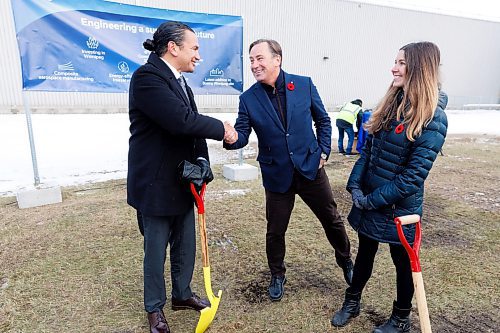 MIKE DEAL / WINNIPEG FREE PRESS
Premier Wab Kinew (left) and Pierre Ruel (centre), Director of Strategy and Policy for Boeing Canada, during the ground breaking ceremony at the Boeing Winnipeg plant at 99 Murray Park Road Wednesday morning.
Boeing Winnipeg broke ground Wednesday morning on a $20 million, 12,000 square-foot expansion of its Winnipeg manufacturing plant to more efficiently meet the growing demand for composite airplane parts.
The expansion includes a 7,250 square-foot freezer for storing composite manufacturing materials, nearly doubling the site&#x2019;s freezer capacity and reducing manufacturing downtime due to built-in 100% operational redundancy. The freezer will lower annual energy usage by more than 20% and utilizes a modern CO2-based refrigeration system that produces less emissions. 
See Martin Cash story
231101 - Wednesday, November 01, 2023.
