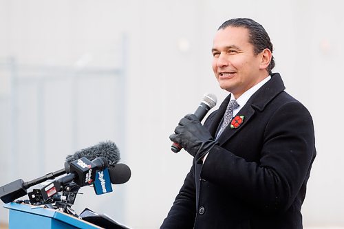 MIKE DEAL / WINNIPEG FREE PRESS
Premier Wab Kinew during the ground breaking ceremony at the Boeing Winnipeg plant at 99 Murray Park Road Wednesday morning.
Boeing Winnipeg broke ground Wednesday morning on a $20 million, 12,000 square-foot expansion of its Winnipeg manufacturing plant to more efficiently meet the growing demand for composite airplane parts.
The expansion includes a 7,250 square-foot freezer for storing composite manufacturing materials, nearly doubling the site&#x2019;s freezer capacity and reducing manufacturing downtime due to built-in 100% operational redundancy. The freezer will lower annual energy usage by more than 20% and utilizes a modern CO2-based refrigeration system that produces less emissions. 
See Martin Cash story
231101 - Wednesday, November 01, 2023.