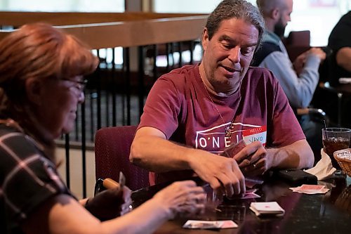 BROOK JONES / WINNIPEG FREE PRESS
Winnipegger Lyndon Demers hosts Lyndon's Cribbage Nights every second Wednesday from 6:30 to 9 p.m. on the second floor of Heather Curling Club at 120 Youville Street. As many as 20 enthusiatic cribbage players gather for the cribbage nights, rotating opponents as the evening goes along. Pictured: Winnipeg resident Yako Yakimoski playing cribbage with Winnipegger Birdie Evans (left) at the Heather Curling Club in Winnipeg, Man., Wednesday, Oct. 25, 2023.