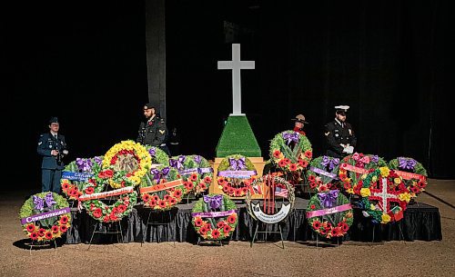 JESSICA LEE / WINNIPEG FREE PRESS

Wreaths at a remembrance day ceremony are photographed at RBC Convention Centre on November 11, 2022.

Reporter: Tyler Searle
