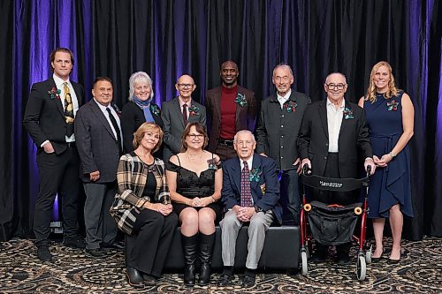 DAVID LIPNOWSKI  WINNIPEG FREE PRESS

The 2023 Manitoba Sports Hall of Fame inductees pose for a portrait prior to the Annual Induction Ceremony at the Victoria Inn Hotel &amp; Convention Centre Thursday November 3, 2023.

