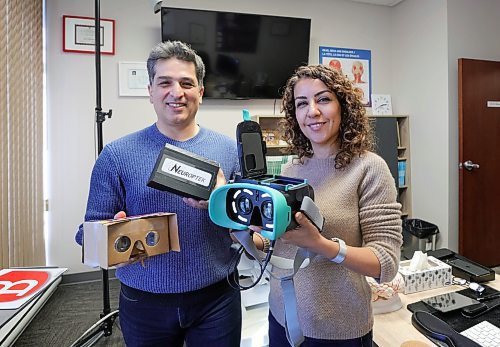 RUTH BONNEVILLE / WINNIPEG FREE PRESS
 
BIZ - Neuroptek

Photo of Dr. Neda Anssari (woman)  and Dr. Behzad Mansouri, CEO and COO, respectively (married couple), of Neuroptek with their invention called EyeMirage which counts eye movements to aid the diagnosis of a concussion.  

Their first prototype was made out of cardboard and eventually developed into a simple yet sophisticated diagnosis devise that is a game changer for their industry.  


What: Neuroptek is a start-up that won the People&#x573; Choice award at a neuro-tech pitch event Thursday night. They won $5,000, which will go to creating a device that can detect concussions pretty much immediately. It looks kind of like a VR headset; you put it over your eyes.

Gabby's story
                    
Nov 3rd,, 2023