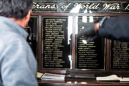 MIKAELA MACKENZIE / WINNIPEG FREE PRESS

A list of veterans in the war memorial building in Darlingford, Manitoba on Monday, Oct. 30, 2023. For Jen story.
Winnipeg Free Press 2023.