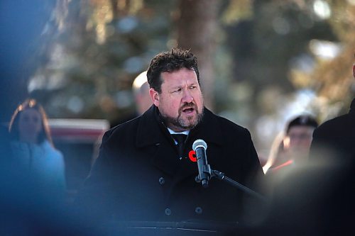 Representing the Government of Manitoba, newly elected Brandon East NDP MLA Glen Simard offers greetings to the crowd during the No Stone Left Alone ceremony at the Brandon Municipal Cemetery on Friday morning. (Matt Goerzen/The Brandon Sun)