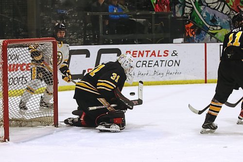 Goaltender Burke Hood has posted a 1.95 goals-against average, .916 save percentage and record of 6-0-0-0 in his rookie season with the Manitoba U18 AAA Hockey League's Brandon Wheat Kings. (Perry Bergson/The Brandon Sun)
Nov. 4, 2023
