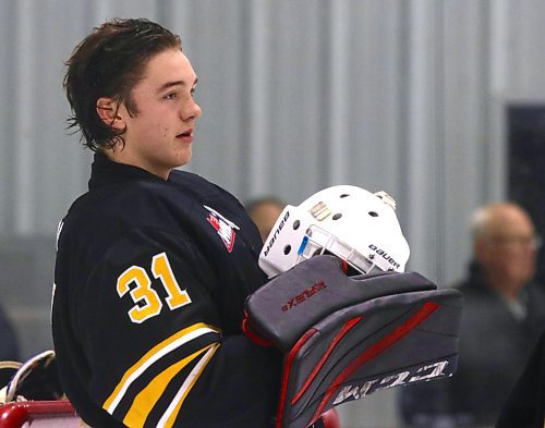 Brandon Wheat Kings goaltender Burke Hood, shown in action at J&amp;G Homes Arena on Saturday evening, is making a great impression in his rookie season in the Manitoba U18 AAA Hockey League. (Perry Bergson/The Brandon Sun)
Nov. 4, 2023