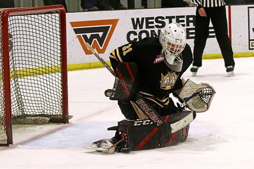 Goaltender Burke Hood, shown in action with the Manitoba U18 AAA Hockey League's Brandon Wheat Kings at J&amp;G Homes Arena on Saturday evening, spent last season at the Rink Hockey Academy but decided to come home for this season. (Perry Bergson/The Brandon Sun)
Nov. 4, 2023