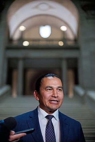 MIKE DEAL / WINNIPEG FREE PRESS
Premier Wab Kinew talks to the media in the Manitoba Legislative building after the swearing in ceremony for NDP MLAs.
231023 - Monday, October 23, 2023.