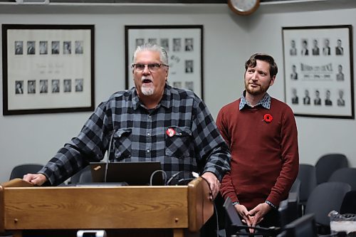 Brandon General Museum and Archives board chair Tim Chamberlain (left) and Keith Waterfield (right) provide an update on the facility's operations at Brandon City Council's Monday meeting. (Colin Slark/The Brandon Sun)