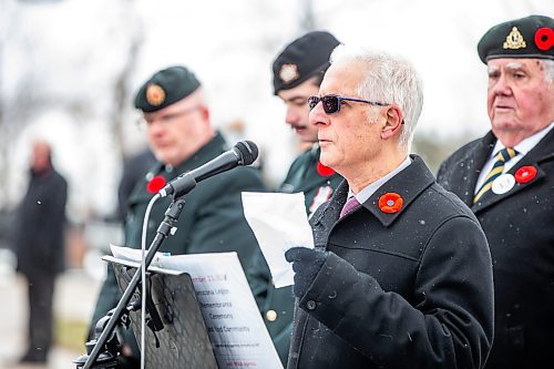 MIKAELA MACKENZIE / WINNIPEG FREE PRESS

Education Minister Nello Altomare reads In Flanders Fields to grade six students from River East Transcona School Division at a remembrance ceremony at Transcona Cemetery on Monday, Nov. 6, 2023. 
Winnipeg Free Press 2023.