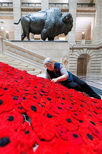 MIKE DEAL / WINNIPEG FREE PRESS
Susan Wakeman, one of the volunteers that help maintain the Poppy Blanket, reattaches one of the handmade poppies to the blanket on the Grand Staircase Monday morning.
First unveiled in November of 2019 the Poppy Blanket is an 85 foot long collection of over 8000 handmade poppies and thousands of dedicated ribbons. It was made in less than a year between 2018 and 2019 by the Handmade Winnipeg Facebook group community.
231106 - Monday, November 06, 2023.