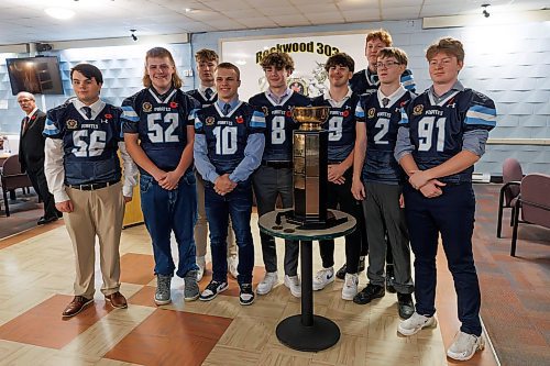 MIKE DEAL / WINNIPEG FREE PRESS
Some of the members of the Grant Park Pirates with the championship trophy.
The WHSFL championship luncheon held at the Rockwood Legion (341 Wilton St.) Tuesday over the lunch hour.
Members of the two finalist teams from the Grant Park Pirates and the Dakota Lancers met to celebrate their accomplishments prior to the championship game on Friday, November 10, at IG Field.
See Josh Frey-Sam story
231107 - Tuesday, November 07, 2023.