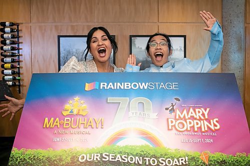 BROOK JONES / WINNIPEG FREE PRESS
Rainbow Stage announced its 70th anniversary season in 2024 will feature Ma-Buhay and Mary Poppins. 
Pictured: Rainbow Stage performers Rochelle Kives (left) and Brady Barrientos show their enthusiams as they promote Rainbow Stage's upcoming performances of Ma-Buhay and Mary Poppins during a media annoucement at Prairie's Edge restaurant in Kildonan Park in Winnipeg, Man., Tuesday, Nov. 7, 2023.