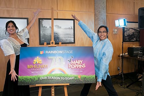 BROOK JONES / WINNIPEG FREE PRESS
Rainbow Stage announced its 70th anniversary season in 2024 will feature Ma-Buhay and Mary Poppins. 
Pictured: Rainbow Stage performers Rochelle Kives (left) and Brady Barrientos show their enthusiams as they promote Rainbow Stage's upcoming performances of Ma-Buhay and Mary Poppins during a media annoucement at Prairie's Edge restaurant in Kildonan Park in Winnipeg, Man., Tuesday, Nov. 7, 2023.