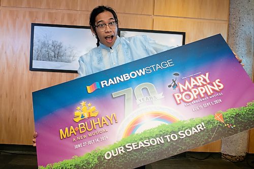 BROOK JONES / WINNIPEG FREE PRESS
Rainbow Stage announced its 70th anniversary season in 2024 will feature Ma-Buhay and Mary Poppins. 
Pictured: Rainbow Stage performer Brady Barrientos shows his enthusiams as he promotes Rainbow Stage's upcoming performances of Ma-Buhay and Mary Poppins during a media annoucement at Prairie's Edge restaurant in Kildonan Park in Winnipeg, Man., Tuesday, Nov. 7, 2023.