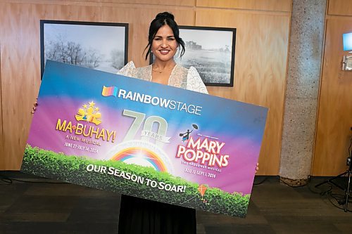 BROOK JONES / WINNIPEG FREE PRESS
Rainbow Stage announced its 70th anniversary season in 2024 will feature Ma-Buhay and Mary Poppins. 
Pictured: Rainbow Stage performer Rochelle Kives shows her enthusiams as she promotes Rainbow Stage's upcoming performances of Ma-Buhay and Mary Poppins during a media annoucement at Prairie's Edge restaurant in Kildonan Park in Winnipeg, Man., Tuesday, Nov. 7, 2023.