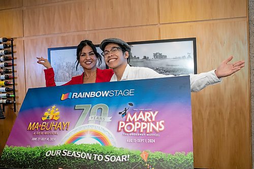 BROOK JONES / WINNIPEG FREE PRESS
Rainbow Stage announced its 70th anniversary season in 2024 will feature Ma-Buhay and Mary Poppins. 
Pictured: Rainbow Stage performers Rochelle Kives (left), who is portarying Mary Poppins and Brady Barrientos, who is portraying Bert, show their enthusiams as they promote Rainbow Stage's upcoming performances of Mary Poppins and Ma-Bu9hay during a media announcement at Prairie's Edge restaurant in Kildonan Park in Winnipeg, Man., Tuesday, Nov. 7, 2023.