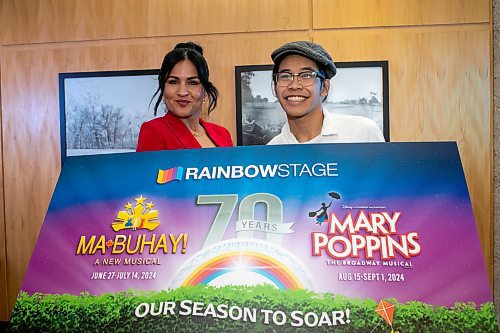 BROOK JONES / WINNIPEG FREE PRESS
Rainbow Stage announced its 70th anniversary season in 2024 will feature Ma-Buhay and Mary Poppins. 
Pictured: Rainbow Stage performers Rochelle Kives (left), who is portarying Mary Poppins and Brady Barrientos, who is portraying Bert, show their enthusiams as they promote Rainbow Stage's upcoming performances of Mary Poppins and Ma-Bu9hay during a media announcement at Prairie's Edge restaurant in Kildonan Park in Winnipeg, Man., Tuesday, Nov. 7, 2023.