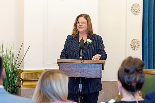 MIKE DEAL / WINNIPEG FREE PRESS
PC Leader Heather Stefanson speaks before the swearing in ceremony.
PC Leader Heather Stefanson, PC Caucus Chair Ron Schuler and all other 20 PC MLA-elects attend Room 200 in the Manitoba Legislative building for the swearing in ceremony for PC MLAs.
231023 - Monday, October 23, 2023.