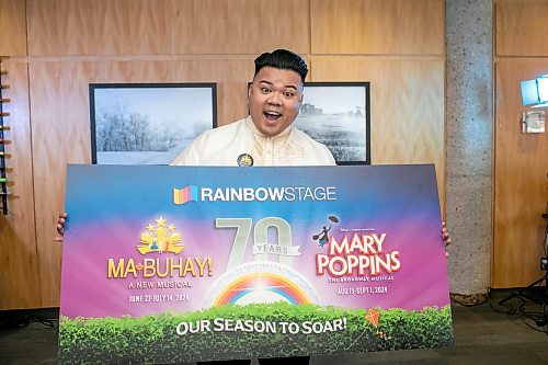 BROOK JONES / WINNIPEG FREE PRESS
Rainbow Stage announced its 70th anniversary season in 2024 will feature Ma-Buhay and Mary Poppins. 
Pictured: Creactor of Ma-Buhay shows his enthusiams as he promotes Rainbow Stage's upcoming performances of Ma-Buhay and Mary Poppins during a media announcement at Prairie's Edge restaurant in Kildonan Park in Winnipeg, Man., Tuesday, Nov. 7, 2023.