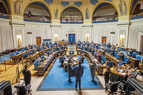 MIKE DEAL / WINNIPEG FREE PRESS
Obby Khan, MLA Fort Whyte, waves to the public gallery after he is presented to the Speaker of the House, Myrna Driedger, in the assembly chamber for his first Question Period, Monday afternoon.
220404 - Monday, April 04, 2022.