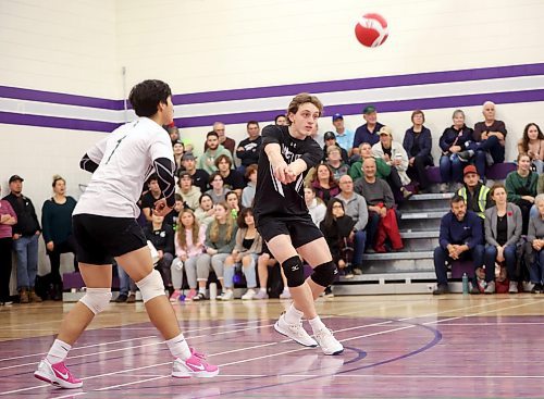 08112023
Nathaniel Berube #7 of the Neelin Spartans bumps the ball during match two of the varsity boys city championship against the Vincent Massey Vikings at VMHS on Wednesday evening. The Spartans won the first match of the series prior to Wednesday&#x2019;s match.  (Tim Smith/The Brandon Sun)