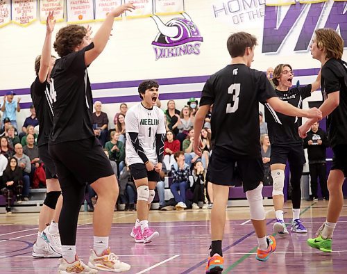 08112023
Neelin Spartans players celebrate a point during match two of the varsity boys city championship against the Vincent Massey Vikings at VMHS on Wednesday evening. The Spartans won the first match of the series prior to Wednesday&#x2019;s match.  (Tim Smith/The Brandon Sun)