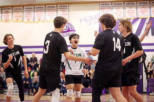 08112023
Neelin Spartans players celebrate a point during match two of the varsity boys city championships against the Vincent Massey Vikings at VMHS on Wednesday evening. The Spartans won the first match of the series prior to Wednesday&#x2019;s match.  (Tim Smith/The Brandon Sun)