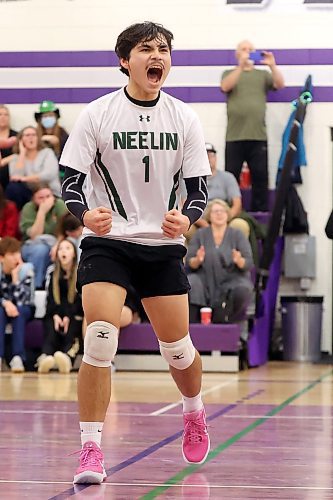 08112023
Kingston Thomas #1 of the Neelin Spartans celebrates a point during match two of the varsity boys city championship against the Vincent Massey Vikings at VMHS on Wednesday evening. The Spartans won the first match of the series prior to Wednesday&#x2019;s match.  (Tim Smith/The Brandon Sun)