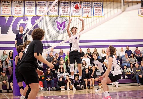 08112023
Zachary Redekop #4 of the Vincent Massey Vikings sets the ball during match two of the varsity boys city championship against the Neelin Spartans at VMHS on Wednesday evening. The Spartans won the first match of the series prior to Wednesday&#x2019;s match.  (Tim Smith/The Brandon Sun)