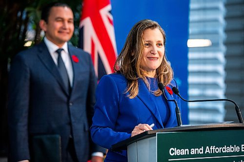 MIKAELA MACKENZIE / WINNIPEG FREE PRESS

Canada&#x573; deputy prime minister and minister of finance Chrystia Freeland makes an announcement at Manitoba Hydro on Thursday, Nov. 9, 2023. For Danielle story.
Winnipeg Free Press 2023.