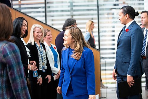 MIKAELA MACKENZIE / WINNIPEG FREE PRESS

Canada&#x573; deputy prime minister and minister of finance Chrystia Freeland and premier Wab Kinew meet Manitoba Hydro employees before making an announcement at Manitoba Hydro on Thursday, Nov. 9, 2023. For Danielle story.
Winnipeg Free Press 2023.