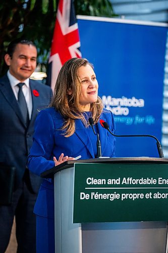 MIKAELA MACKENZIE / WINNIPEG FREE PRESS

Canada&#x573; deputy prime minister and minister of finance Chrystia Freeland makes an announcement at Manitoba Hydro on Thursday, Nov. 9, 2023. For Danielle story.
Winnipeg Free Press 2023.