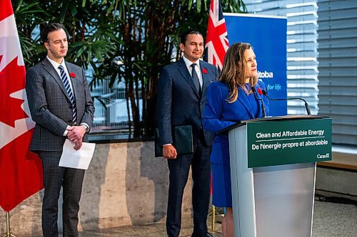 MIKAELA MACKENZIE / WINNIPEG FREE PRESS

Canada&#x573; deputy prime minister and minister of finance Chrystia Freeland makes an announcement at Manitoba Hydro on Thursday, Nov. 9, 2023. For Danielle story.
Winnipeg Free Press 2023.