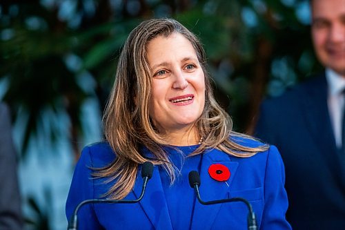 MIKAELA MACKENZIE / WINNIPEG FREE PRESS

Canada&#x573; deputy prime minister and minister of finance Chrystia Freeland makes an announcement at Manitoba Hydro on Thursday, Nov. 9, 2023. For Danielle story.
Winnipeg Free Press 2023.