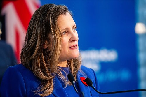 MIKAELA MACKENZIE / WINNIPEG FREE PRESS

Canada&#x573; deputy prime minister and minister of finance Chrystia Freeland makes an announcement at Manitoba Hydro on Thursday, Nov. 9, 2023. For Danielle story.
Winnipeg Free Press 2023.