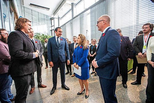 MIKAELA MACKENZIE / WINNIPEG FREE PRESS

Canada&#x573; deputy prime minister and minister of finance Chrystia Freeland and premier Wab Kinew greet Brandon and Winnipeg mayors after making an announcement at Manitoba Hydro on Thursday, Nov. 9, 2023. For Danielle story.
Winnipeg Free Press 2023.