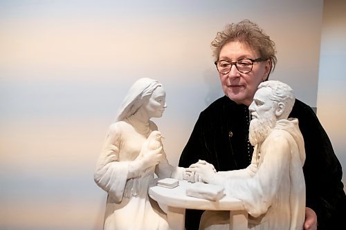 BROOK JONES / WINNIPEG FREE PRESS
After 60 years located on 74 acres in the RM of West St. Paul, St. Benedict's Monastery has moved to its new location at 419 Youville St., in St. Boniface. Pictured: Sister Dorothy Levandosky, who is the canonical administrator of St. Benedict's Monastery, looks at the statue of St. Benedict and his twin sister St. Scholastica while she is at the monastery in Winnipeg, Man., Tuesday, Nov. 7, 2023.