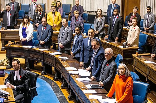 MIKAELA MACKENZIE / WINNIPEG FREE PRESS

The new NDP front bench at the acclimation for new house speaker Tom Lindsey in the legislative chamber on Thursday, Nov. 9, 2023. For Carol story.
Winnipeg Free Press 2023.