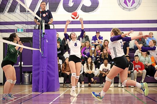 09112023
Macy Snyder #8 of the Vincent Massey Vikings sets the ball during match two of the varsity girls city championship against the Neelin Spartans at VMHS on Thursday evening. The Vikings won the first match of the series prior to Thursday&#x2019;s match.  (Tim Smith/The Brandon Sun)