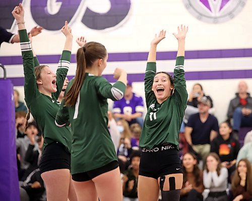 09112023
Neelin Spartans players celebrate a point during match two of the varsity girls city championship against the Vincent Massey Vikings at VMHS on Thursday evening. The Vikings won the first match of the series prior to Thursday&#x2019;s match.  (Tim Smith/The Brandon Sun)