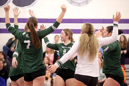 09112023
Neelin Spartans players celebrate a point during match two of the varsity girls city championship against the Vincent Massey Vikings at VMHS on Thursday evening. The Vikings won the first match of the series prior to Thursday&#x2019;s match.  (Tim Smith/The Brandon Sun)