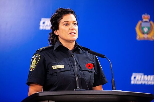 MIKAELA MACKENZIE / WINNIPEG FREE PRESS

Dani McKinnon, a public information officer for the Winnipeg Police Service (WPS), speaks to the media about a sexual exploitation case (involving a relationship between an adult hockey coach and a player) during a press conference at the WPS headquarters on Friday, Nov. 10, 2023. For Erik story.
Winnipeg Free Press 2023.