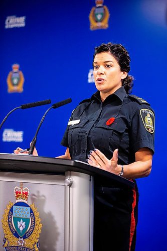 MIKAELA MACKENZIE / WINNIPEG FREE PRESS

Dani McKinnon, a public information officer for the Winnipeg Police Service (WPS), speaks to the media about a sexual exploitation case (involving a relationship between an adult hockey coach and a player) during a press conference at the WPS headquarters on Friday, Nov. 10, 2023. For Erik story.
Winnipeg Free Press 2023.