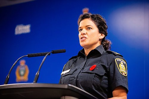 MIKAELA MACKENZIE / WINNIPEG FREE PRESS

Dani McKinnon, a public information officer for the Winnipeg Police Service (WPS), speaks to the media about a sexual exploitation case (involving a relationship between an adult hockey coach and a player) during a press conference at the WPS headquarters on Friday, Nov. 10, 2023. For Erik story.
Winnipeg Free Press 2023.