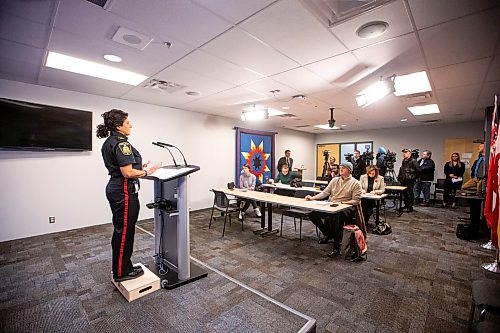 MIKAELA MACKENZIE / WINNIPEG FREE PRESS

Dani McKinnon, a public information officer for the Winnipeg Police Service (WPS), speaks to the media about a sexual exploitation case (involving a relationship between an adult hockey coach and a player) during a press conference at the WPS headquarters on Friday, Nov. 10, 2023. For Erik story.
Winnipeg Free Press 2023.